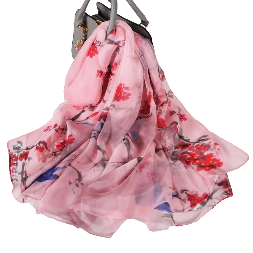 [BYSIFA] White 100% Silk Scarf Cape Fashion Floral Design Long Scarves Women Summer Utralong Beach Shawl Winter Scarves180*110cm Pink peach blossom