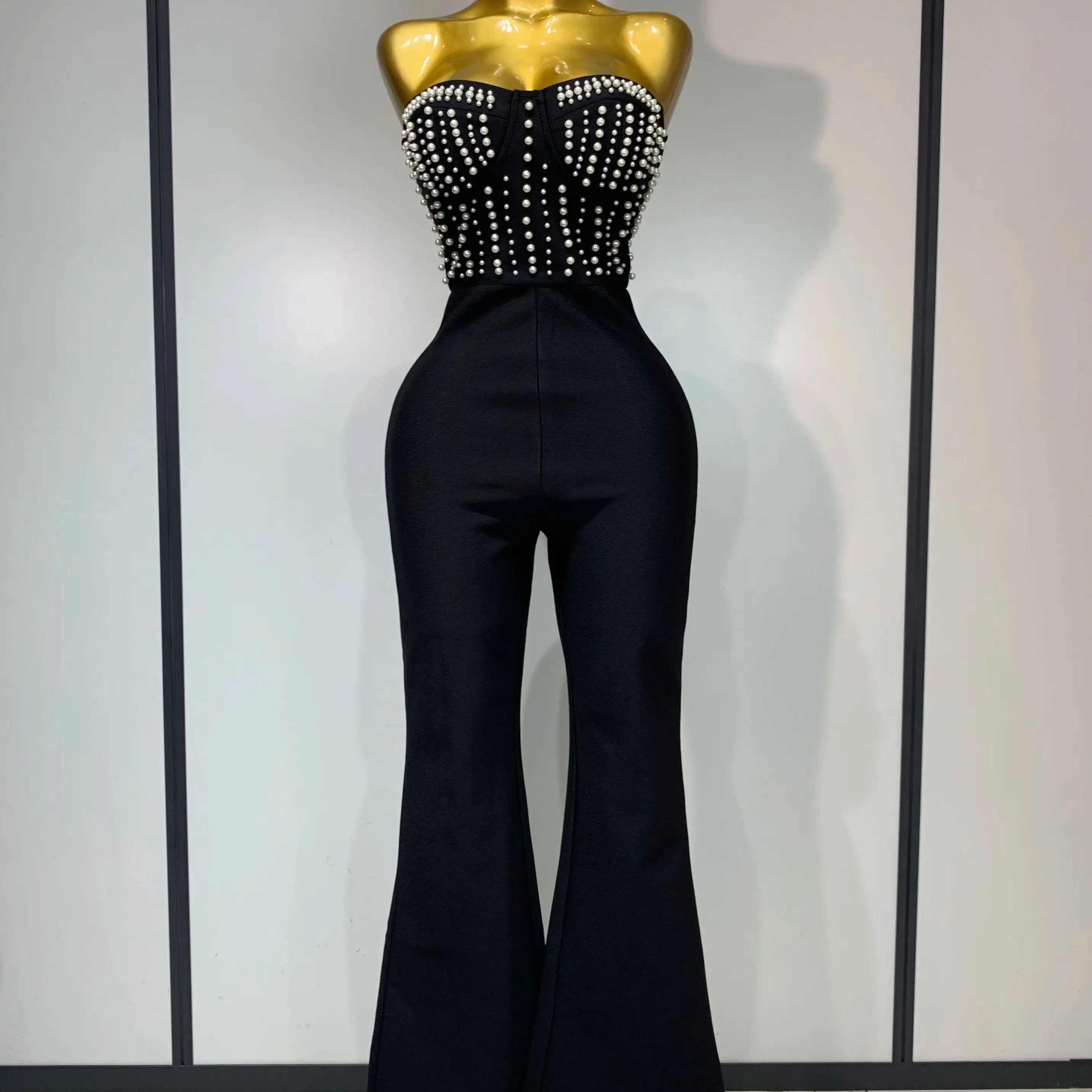 Women Sexy Black Sleeveless Backless Pearls Beaded StraplessBeading Bodycon Bandage Jumpsuit Evening Party Birthday Club Outfit
