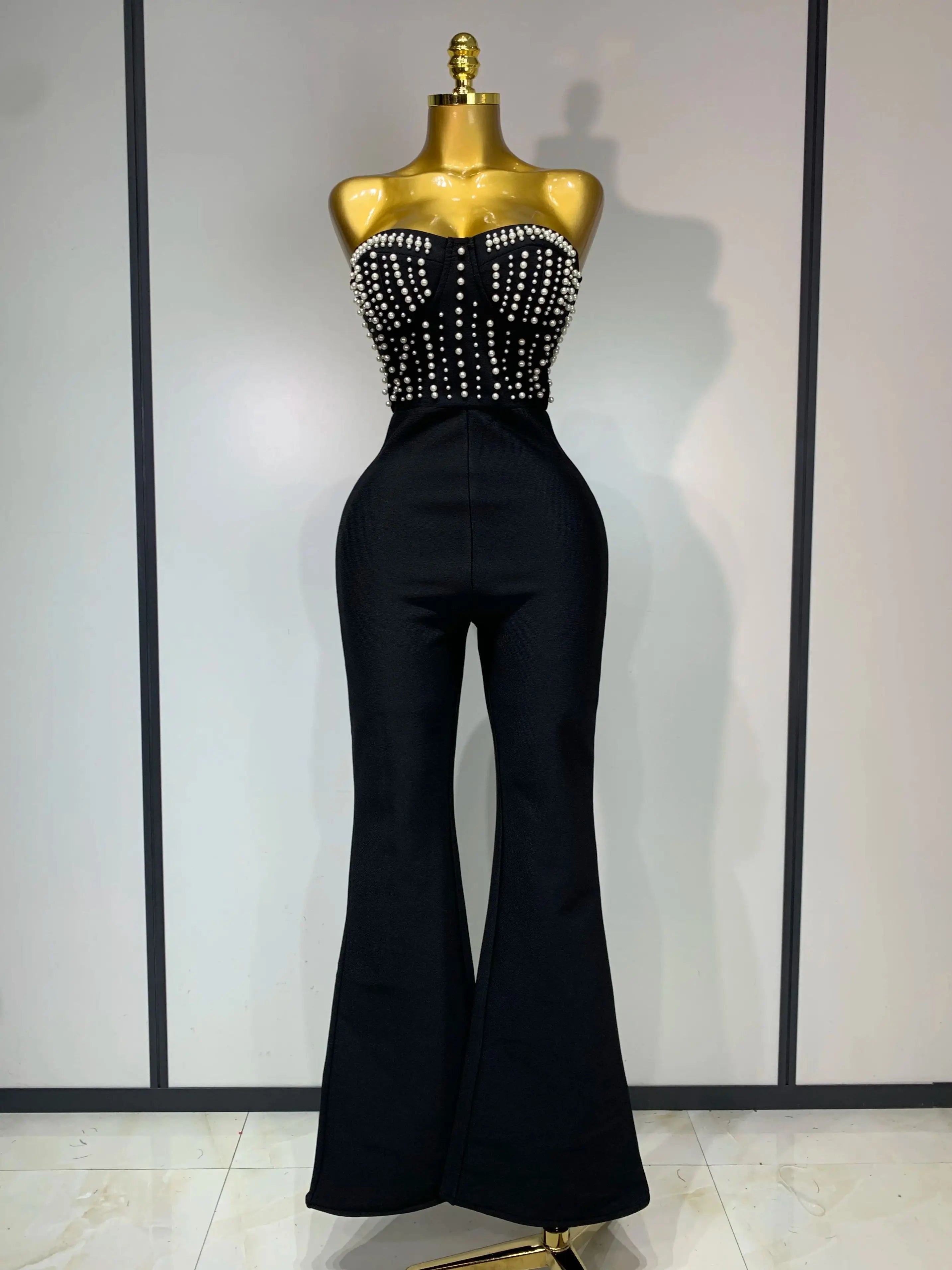 Women Sexy Black Sleeveless Backless Pearls Beaded StraplessBeading Bodycon Bandage Jumpsuit Evening Party Birthday Club Outfit