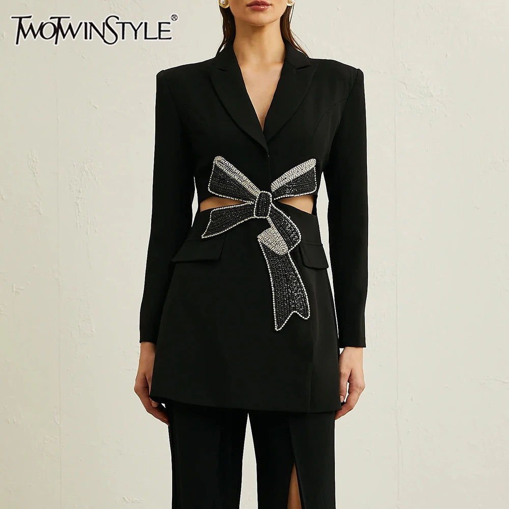 TWOTWINSTYLE Solid Hollow Out Spliced Bow Fashion Jackets for Women Lapel Long Sleeves Patchwork Button Jacket Female Clothing