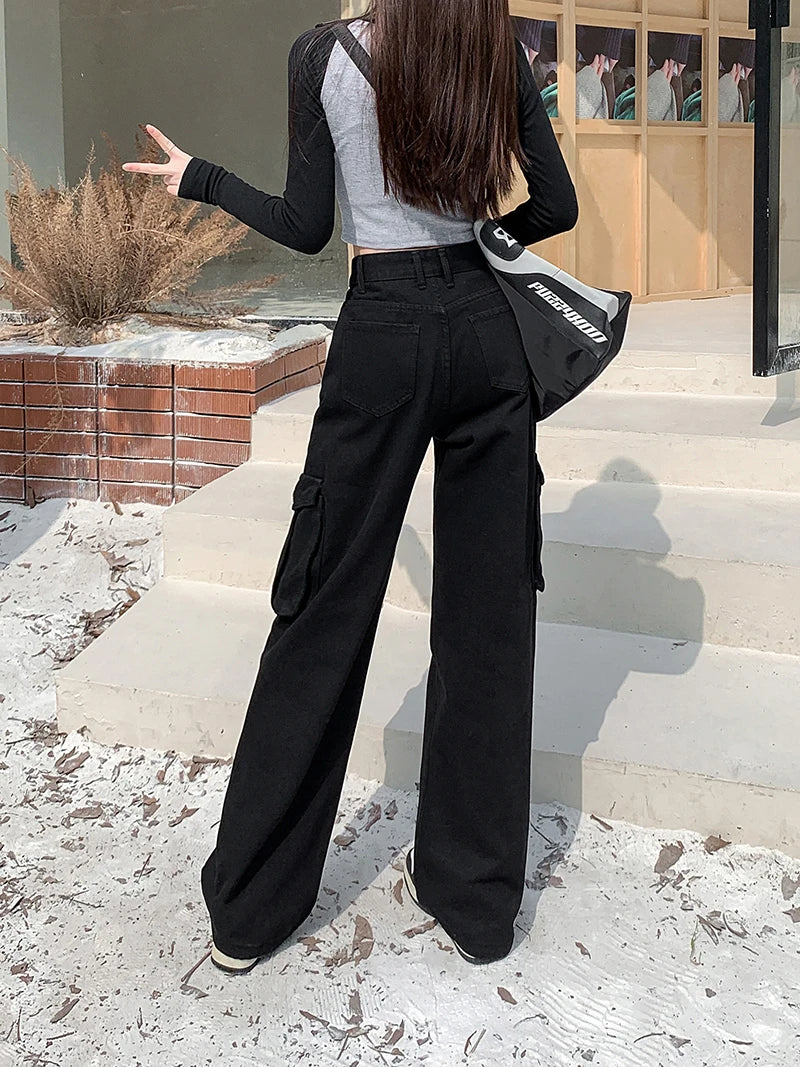 Autumn Winter New Cargo Jeans Woman American High Street Straight Tube Pants for Women Fashion Versatile Ladies Baggy Jeans Y2k