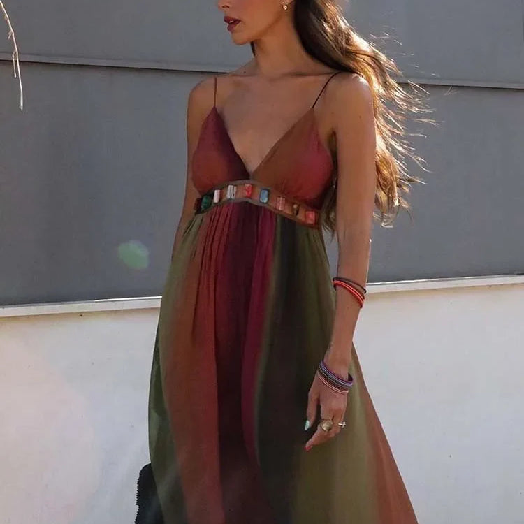 Sexy Backless Slip Long Chiffon Beach Sling Dress For Women Summer Vacation Contrasting V Neck Holiday Beachwear Dresses