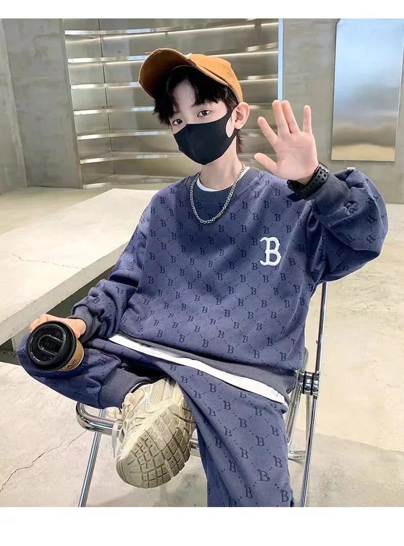 Children Loungewear Suits for Boys Round Neck Sweater and Pants 2Pcs Outfit Sets Junior Kids Letter Sports Clothes Tracksuit