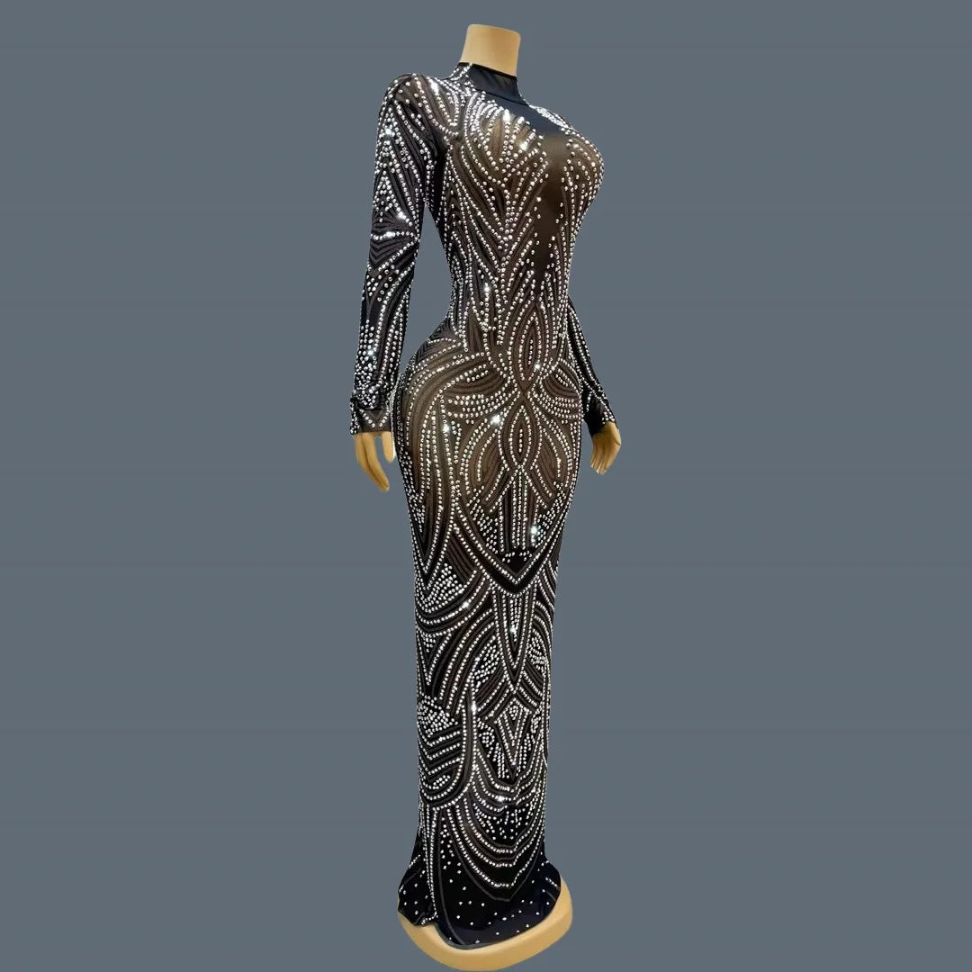 Black New Style Sparkly Rhinestone Evening Dress High-end Style Long Dress Cocktail Party Red Carpet Elegant Women Dress Huayuan