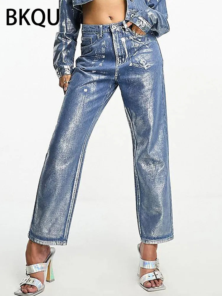 Metallic High Waist Straight Jeans Women Autumn New Printing Loose Wide Leg Denim Pants Streetwear Harajuku Vintage Silver Jeans