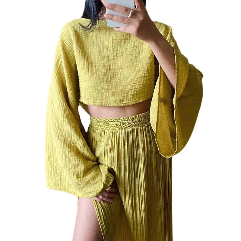 Elegant Women Crop Tops & High Waist Slit Maxi Skirts 2 Pieces Linen Pants Sets Beach Cover Ups Lounge Matching Sets Yellow