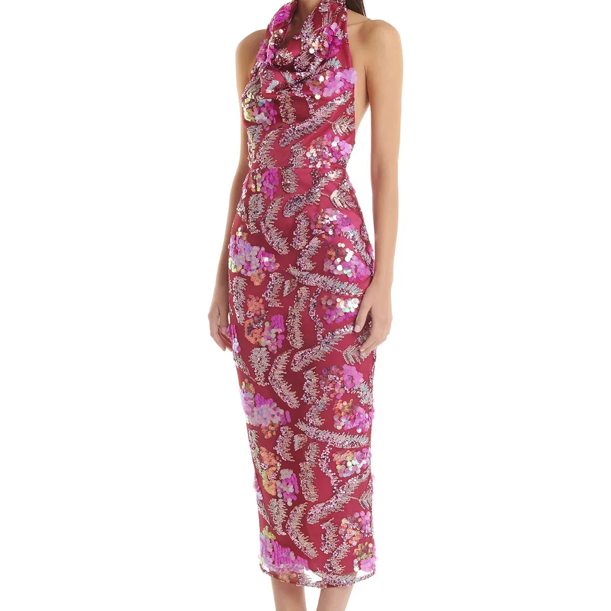 Rosered Women Sexy Halter Backless Sequins Embroidery Bodycon Long Dress Evening Party Fashion Birthday Outfit