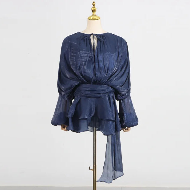 TWOTWINSTYLE Solid Loose Spliced Folds Elegant Dresses for Women Round Neck Long Sleeves Patchwork Lace Up Tunic Dress Female