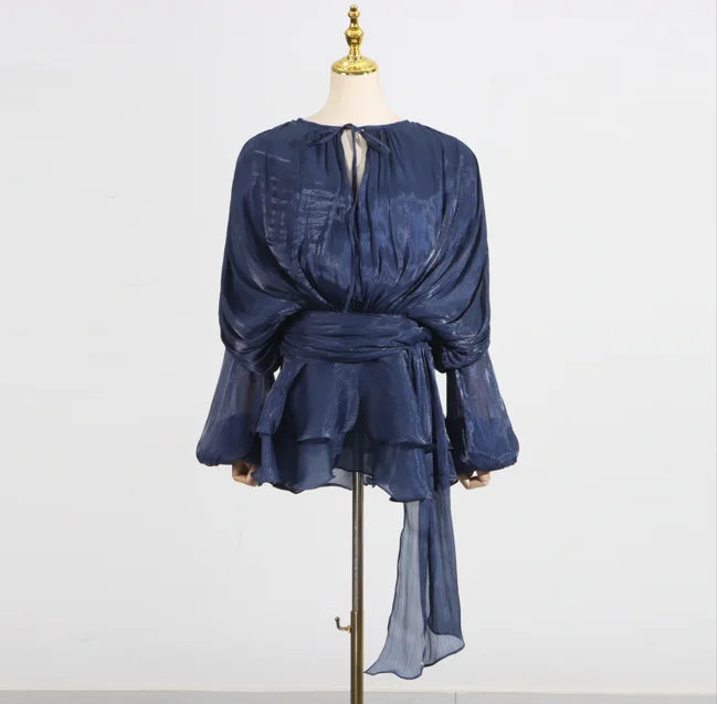 TWOTWINSTYLE Solid Loose Spliced Folds Elegant Dresses for Women Round Neck Long Sleeves Patchwork Lace Up Tunic Dress Female