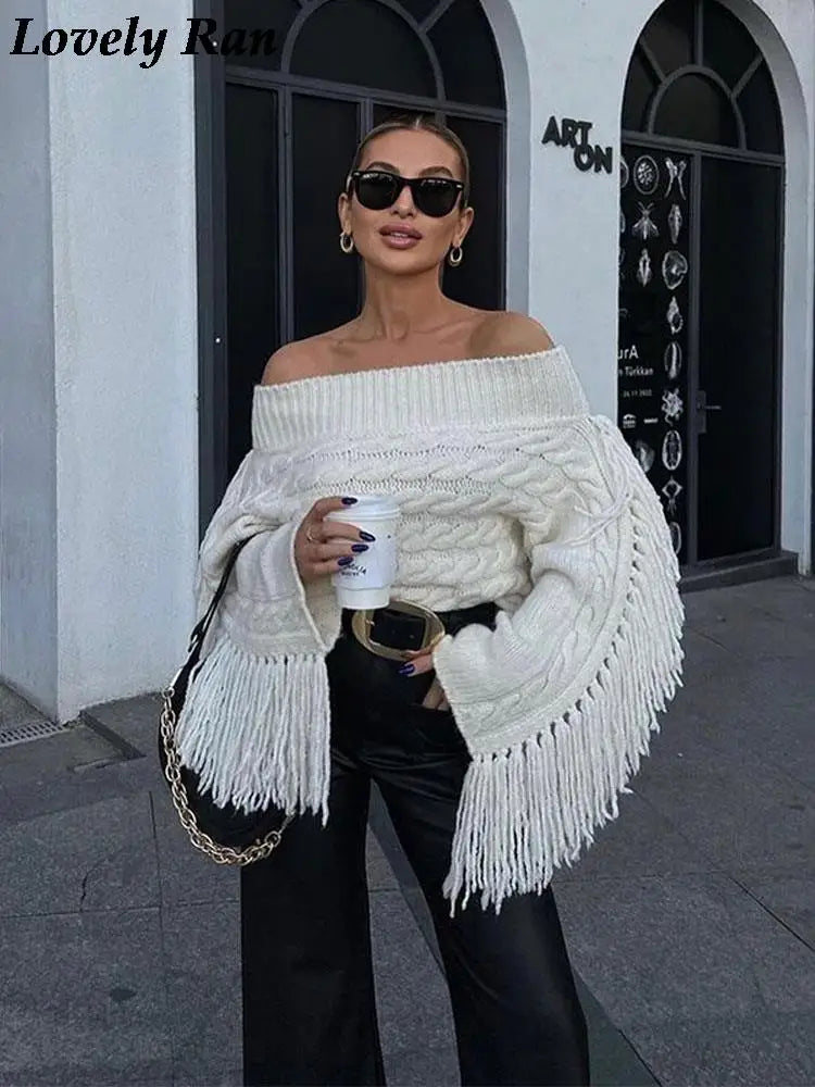 Thicken White Tassel Off Shoulder Sweater Women Elegant Slash Neck Long Sleeve Short Wool Pullover Winter Lady Knit Jumpers