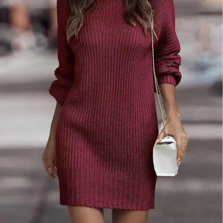 Vintage Winter Knitted Dress Ladies Chic Turtleneck Lantern Long Sleeve Sweater Dresses for Women Autumn Sexy Slim Pencil Dress Claret