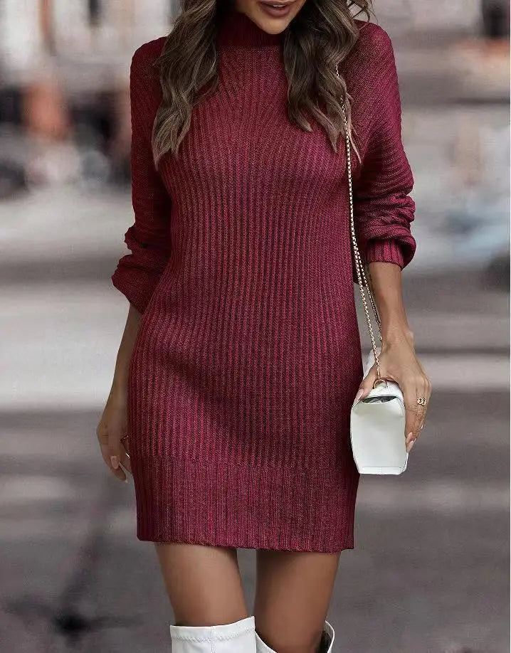 Vintage Winter Knitted Dress Ladies Chic Turtleneck Lantern Long Sleeve Sweater Dresses for Women Autumn Sexy Slim Pencil Dress Claret
