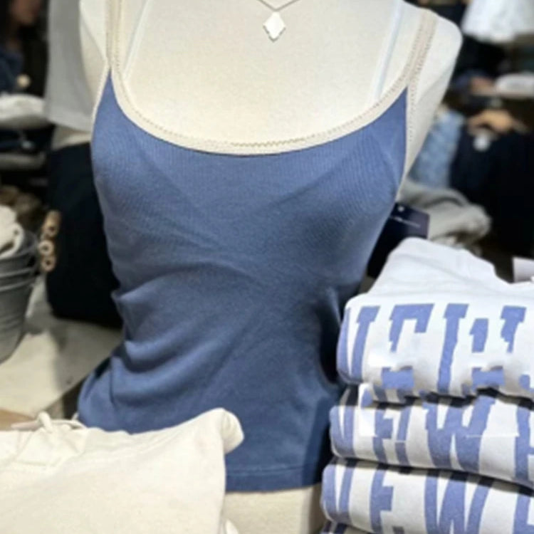 Casual Women Lace Edge Navy Camis Summer Casual Ladies Sleeveless Solid Color Female Chic Tops