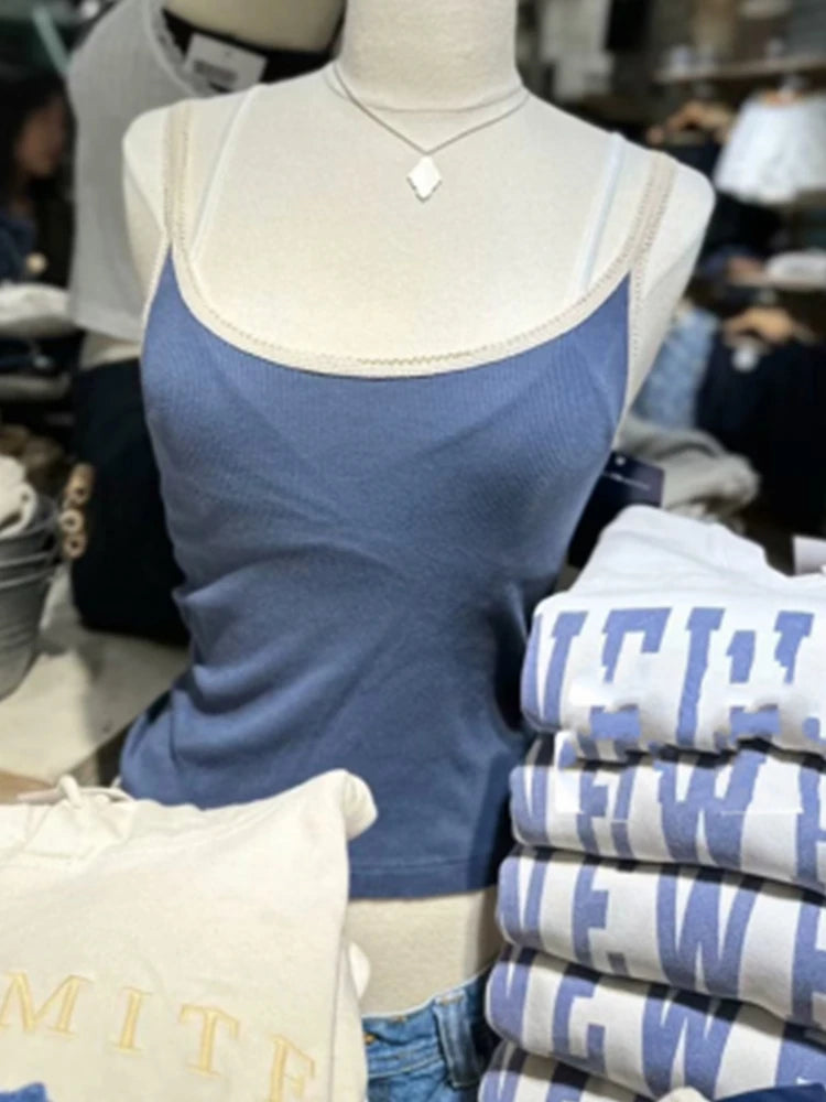 Casual Women Lace Edge Navy Camis Summer Casual Ladies Sleeveless Solid Color Female Chic Tops