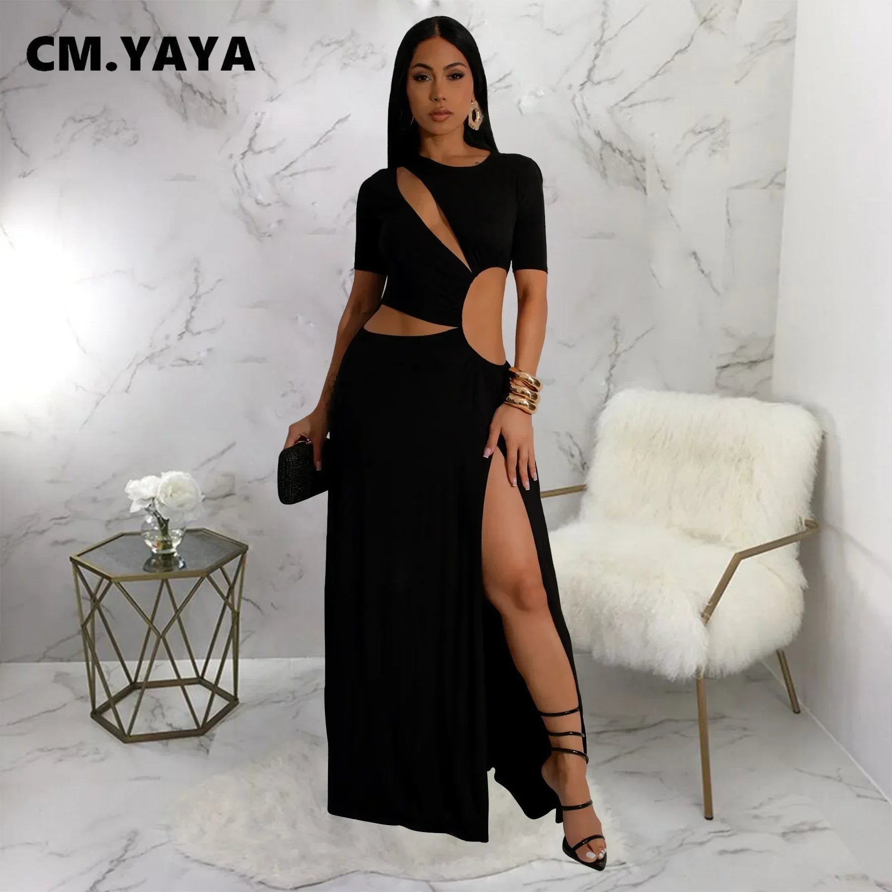 CM.YAYA Women O-neck High Split Ruched Bodycon Midi Maxi Dress 2024 Fall Street Evening Party Club Vestidos Sexy Long Dresses