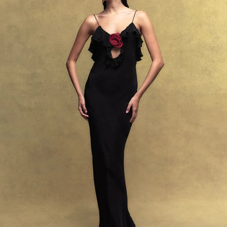 Rose Polka Dot Maxi Dress For Women Gown Spaghetti Strap Off-shoulder Sleeveless Backless Elegant Evening Club Dress