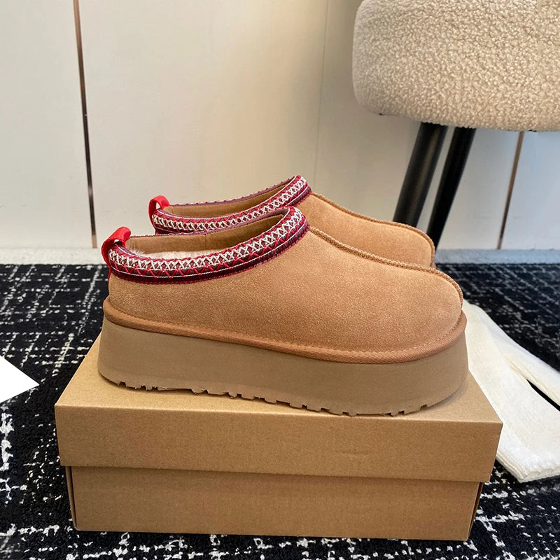 snow boots shoes women slippers slides furry paltform winter high quality free shipping Ankle leather fur ladies Brown