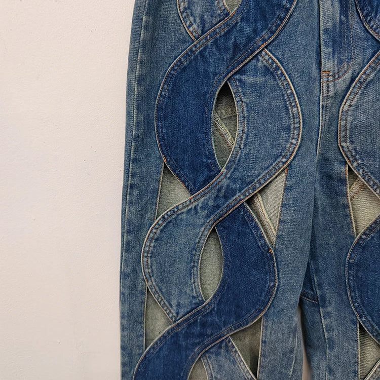 DEAT Fashion Women's Jeans High Waist Cross Contrast Color Hollow Out Metal Button Straight Denim Pants Summer New 17A8765H