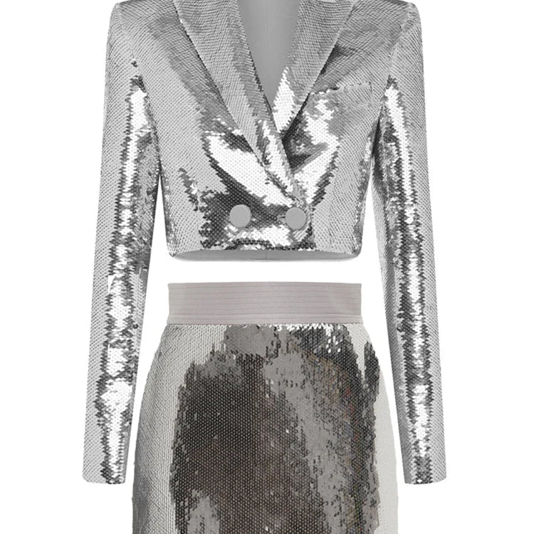 HIGH STREET Newest Stylish Designer Suit Set Women's Glitter Seqeuined Crop Short Jacket Skirt Suit 2pcs Silver