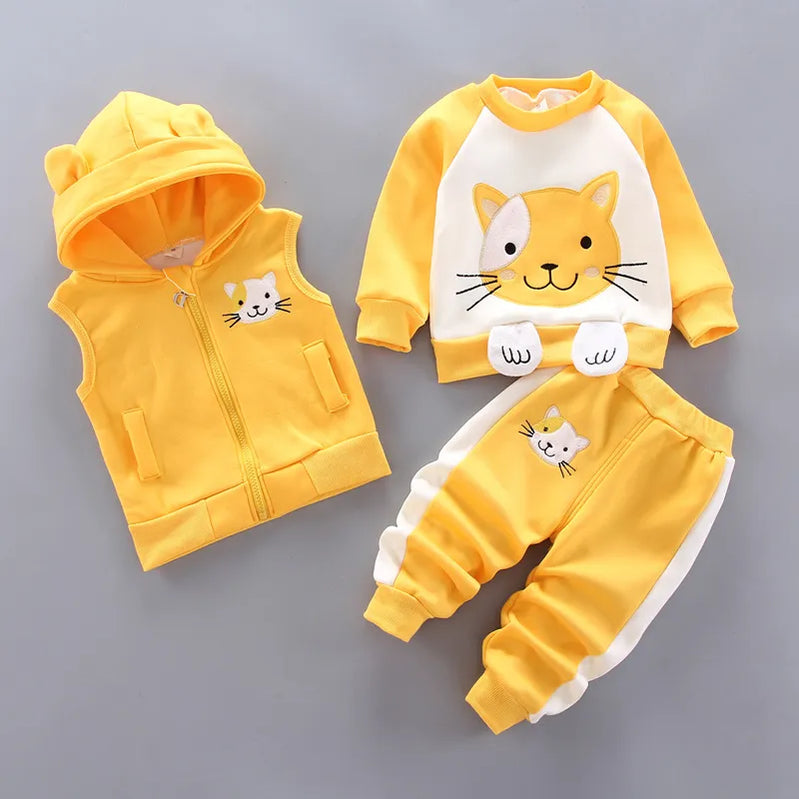 Baby Boys And Girls Clothing Set Tricken Fleece Children Hooded Outerwear Tops Pants 3PCS Outfits Kids Toddler Warm Costume Suit Yellow