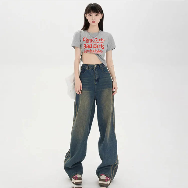 Korean Style Women's Vintage High Waist Streetwear Style Blue Jeans Pants Wide Leg Baggy Y2K Baggy Female Denim Trouser