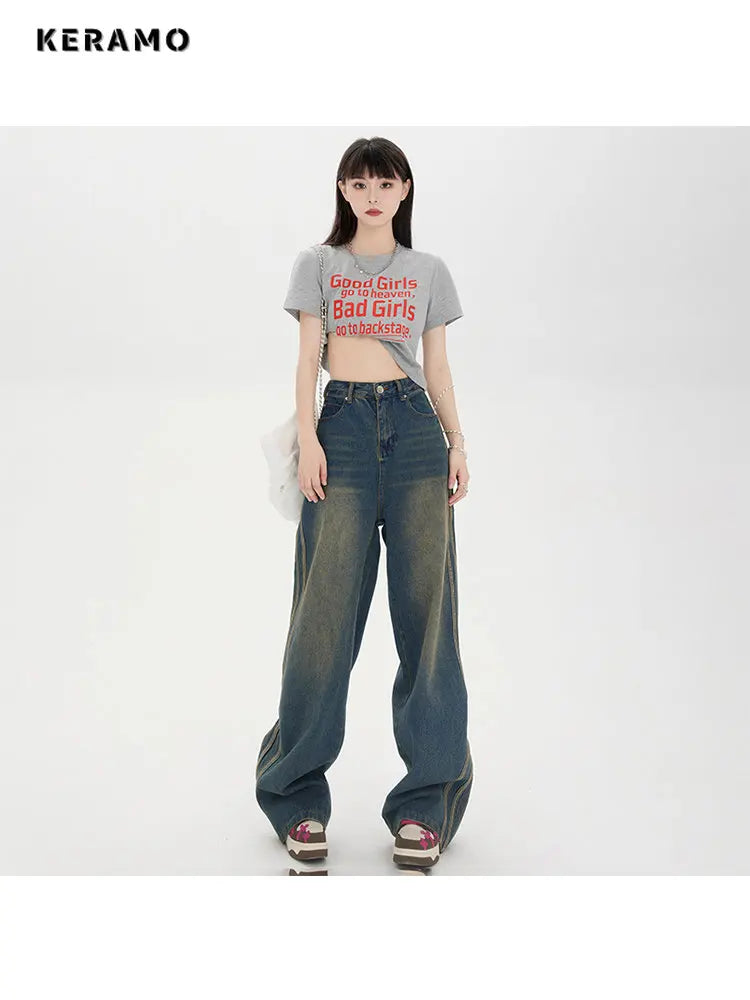 Korean Style Women's Vintage High Waist Streetwear Style Blue Jeans Pants Wide Leg Baggy Y2K Baggy Female Denim Trouser