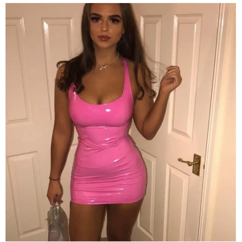 Latex Nightclub Dresses Bodycon Package Hip Summer Sexy PU Patent Leather Sheath Tank Dress Women Short Mini Low Cut Slim Pink PU