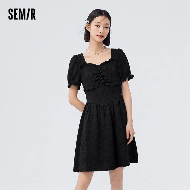 Dress Women Waist Stringy Selvedge Summer Romantic Puff Sleeves Square Neck Textured Floral Skirt