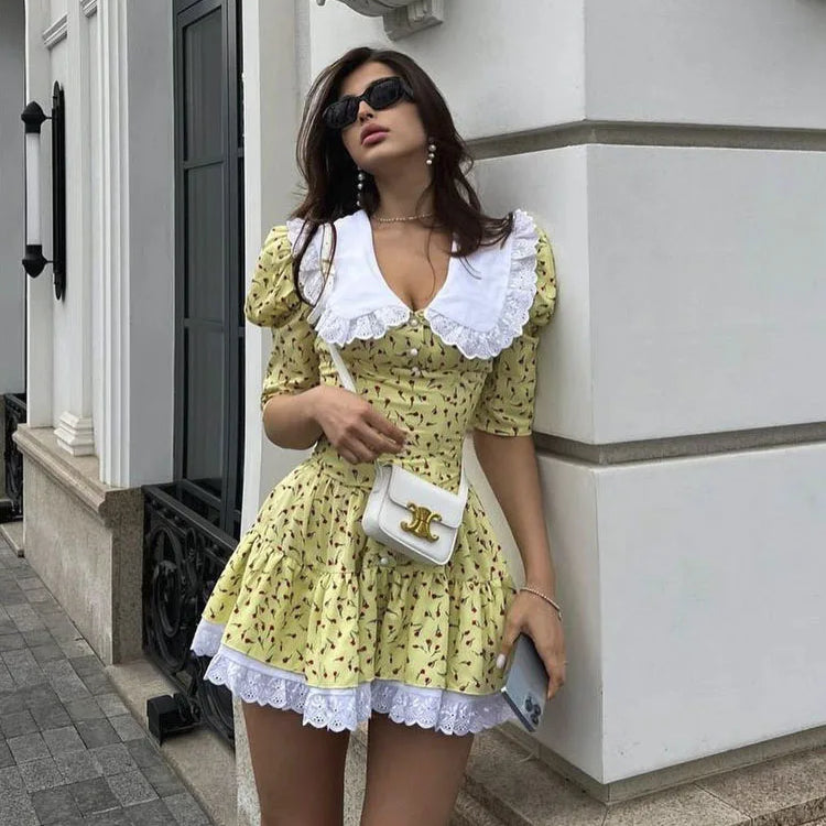 Women's Clothing Summer Doll Collar Floral Short Sleeve Dress Slim Fit Waist Tutu Skirt Lace Club Party Dress Vestidos yellow