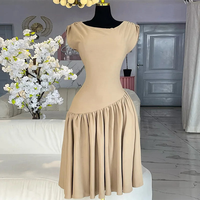 CM.YAYA Women Ruched Shoulder Big Swing Ball Gown Pleated Vintage Dress 2025 Sexy Club Party Evening High Street Dresses Khaki