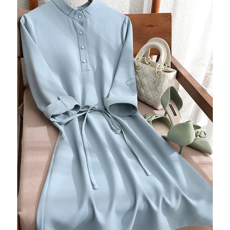 Elegant Solid Lace-up Slim Waist Dress Women Summer Straight Stand Collar Long Sleeve Office Ladies Vintage Dresses