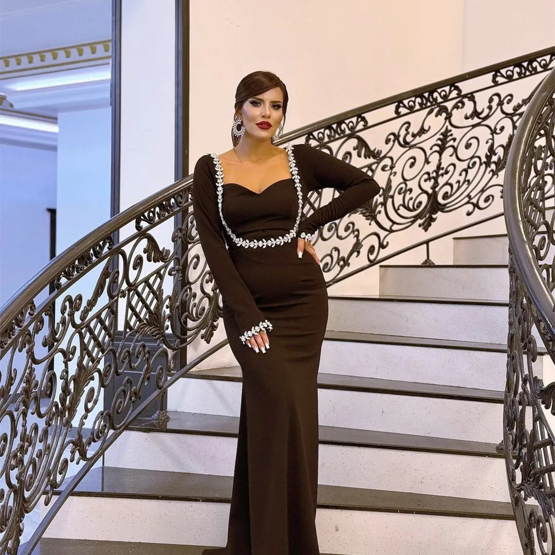 Spring Women Long Sleeve Square Collar Sparkly Crystal Bodycon Long Bandage Dress Celebrate Evening Party Outfit