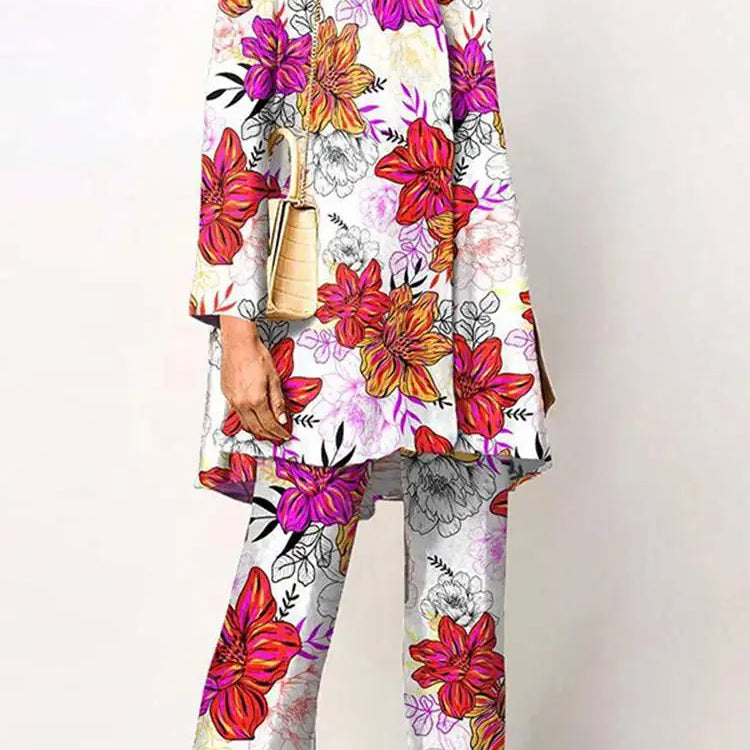 ZANZEA Women Casual Pants Sets Outfits Oversized Fashion Printed Long Sleeve Blouse Wide Leg Pant Streetwear Loungewear Set Suit Red