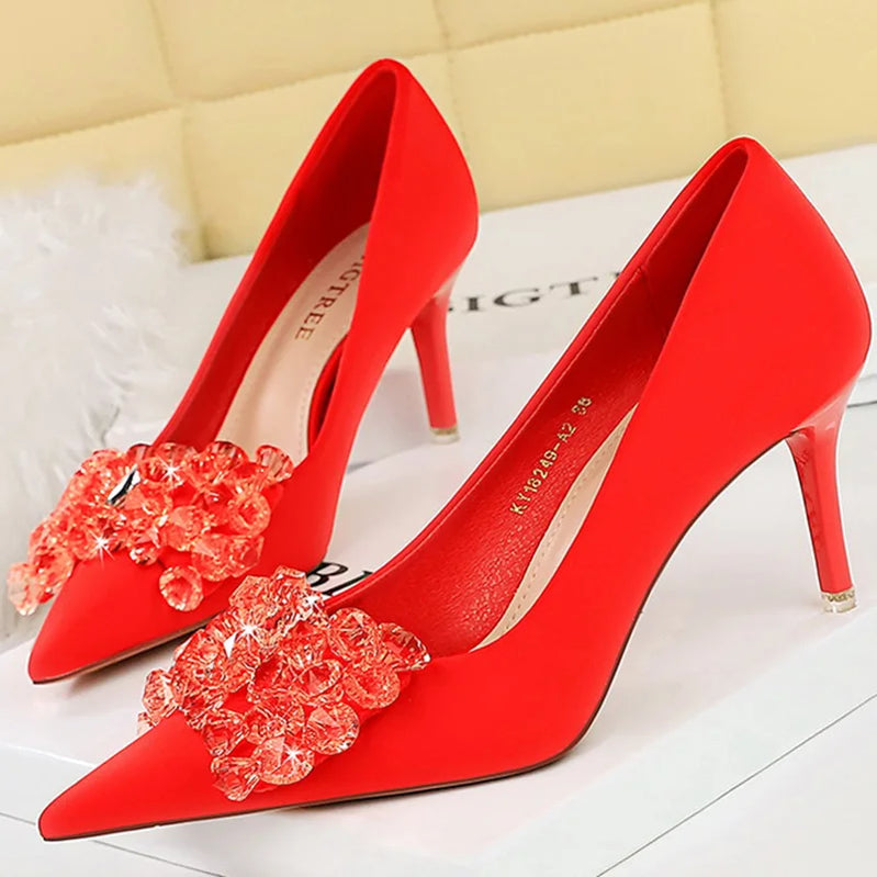 Women 7.5cm 10.5cm High Heels Luxury Pumps Lady Silk Shallow Pointed Toe Rhinestone Crystal Bling Buckle Low Heels Green Shoes Red 7.5cm