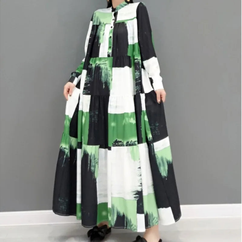 SHENGPALAE 2024 Autumn Fashion Tide Dress For Women Stand-up Collar Long Sleeve Printing Elegant Loose Fit Female Robe 5AE209 Green L