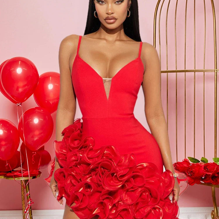 CM.YAYA Women V-neck Strap Mult Ruffles Sleeveless Bodycon Mini Dress Sexy Evening Night Party Club irregular Vestidos Dresses