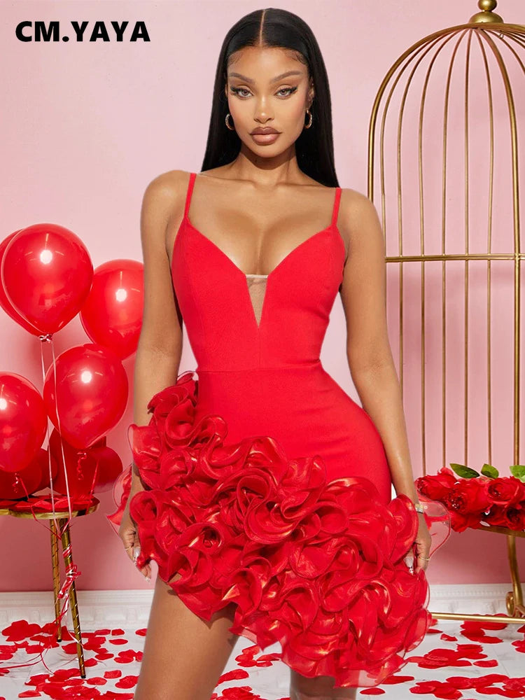 CM.YAYA Women V-neck Strap Mult Ruffles Sleeveless Bodycon Mini Dress Sexy Evening Night Party Club irregular Vestidos Dresses