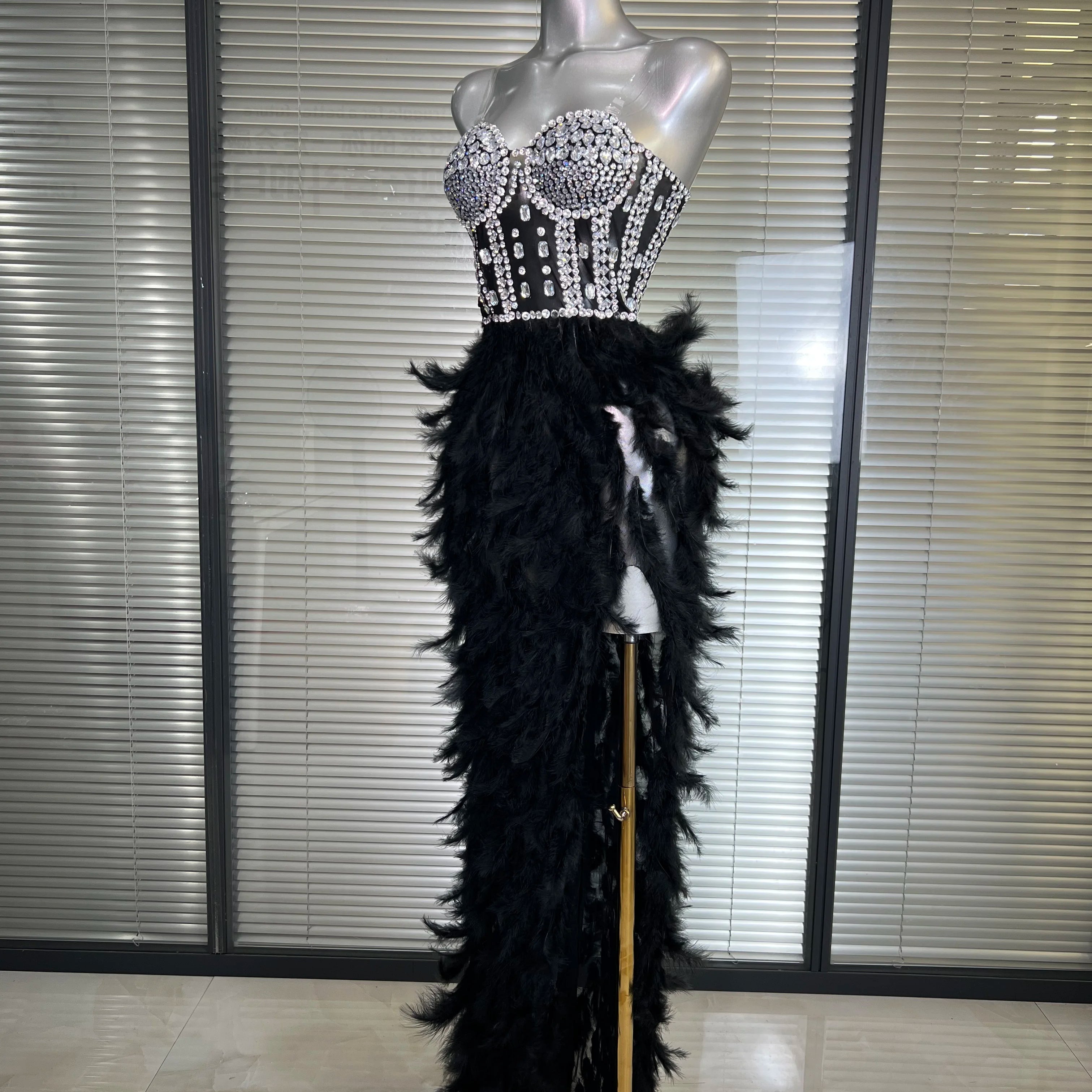 New Women Sexy Mesh Stretched Split Feathers Performance Costume Stage Black Nude High Stretchy Night Club Party Maxi Dress