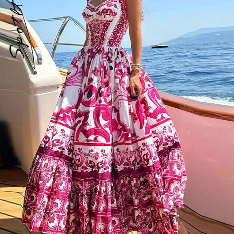 Women Sexy Printed Suspender Dress Fashion V-neck Backless High Waist Large Swing Midi Vestido Summer Female Chic Vacation Robes