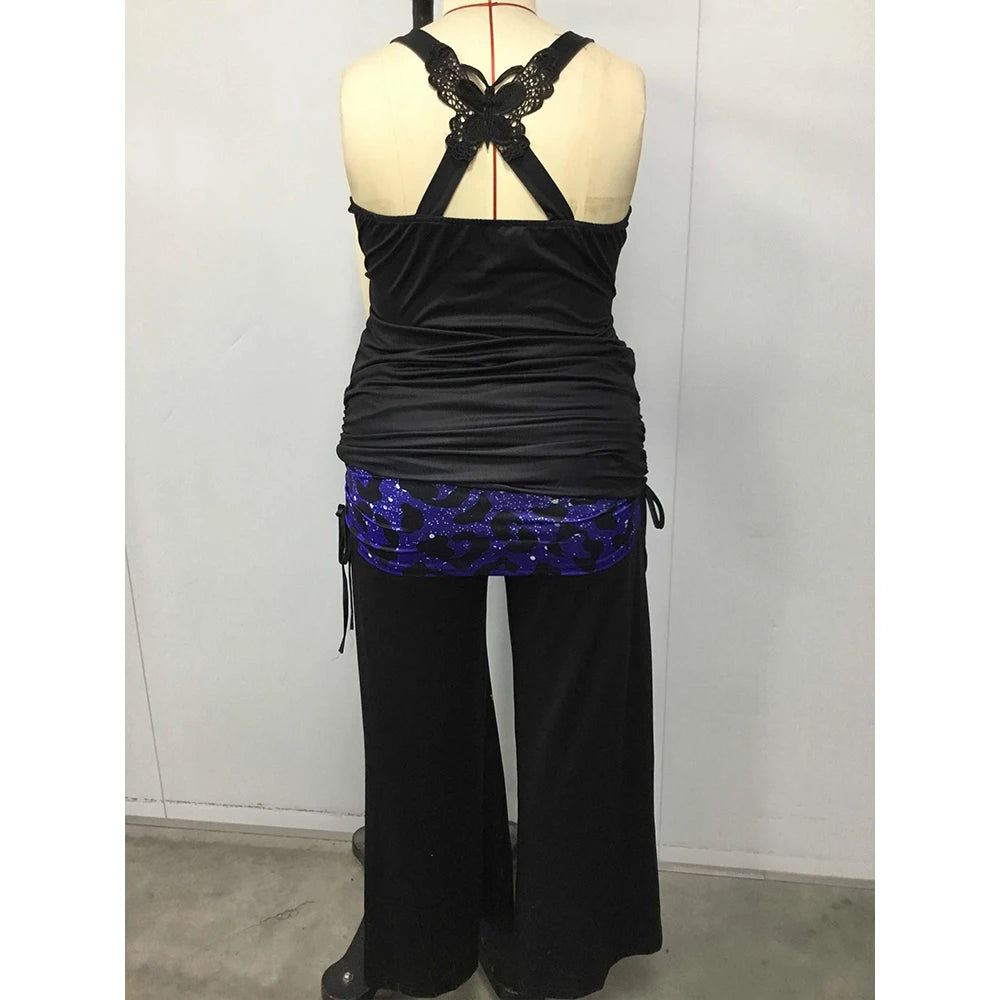 Women Plus Size Matching Set Hollow Out Butterfly Printed Backless Sexy Gothic Punk High Waist Flare Pant and Slim Tank Top Set