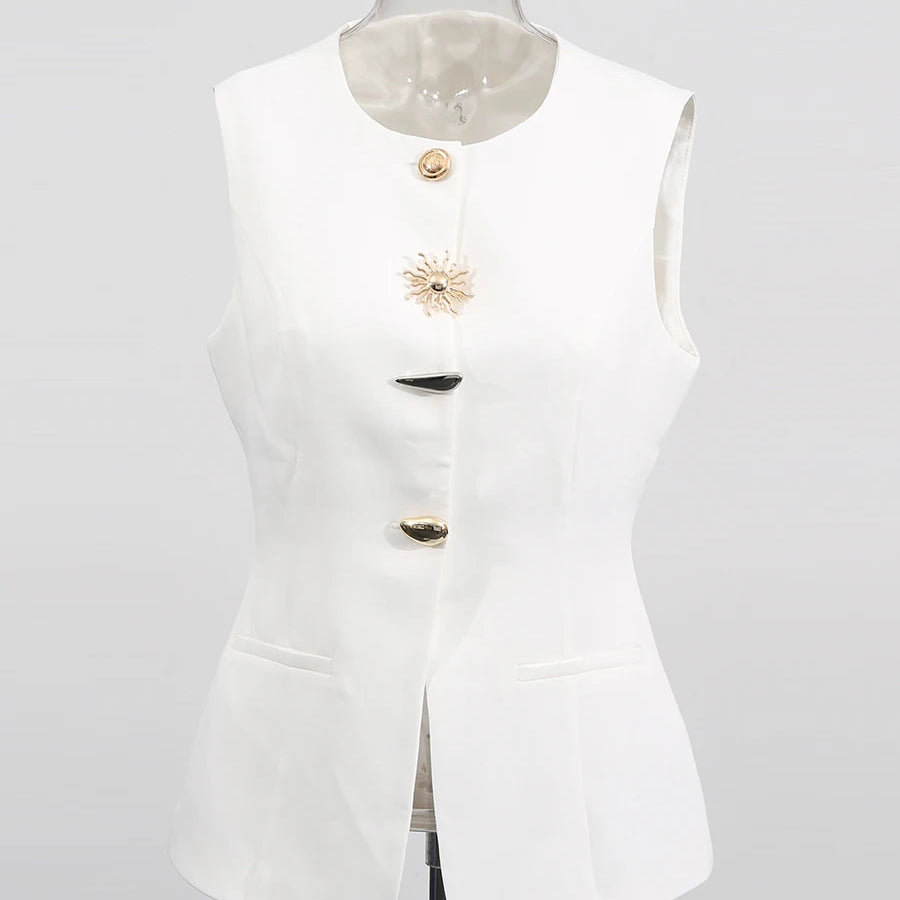 TWOTWINSTYLE Solid Slimming Split Vests for Women Round Neck Sleeveless Patchwork Irregular Button Fashion Vest Female Clothing