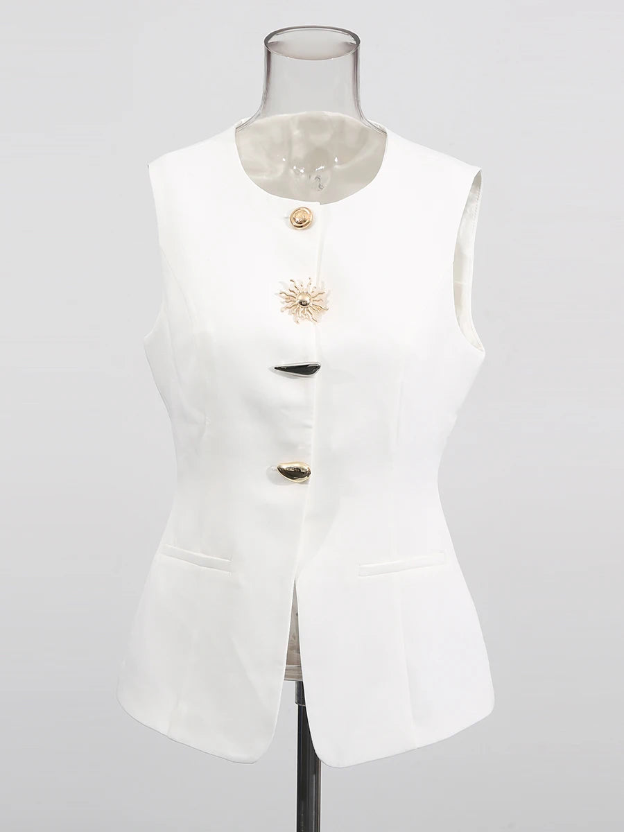 TWOTWINSTYLE Solid Slimming Split Vests for Women Round Neck Sleeveless Patchwork Irregular Button Fashion Vest Female Clothing