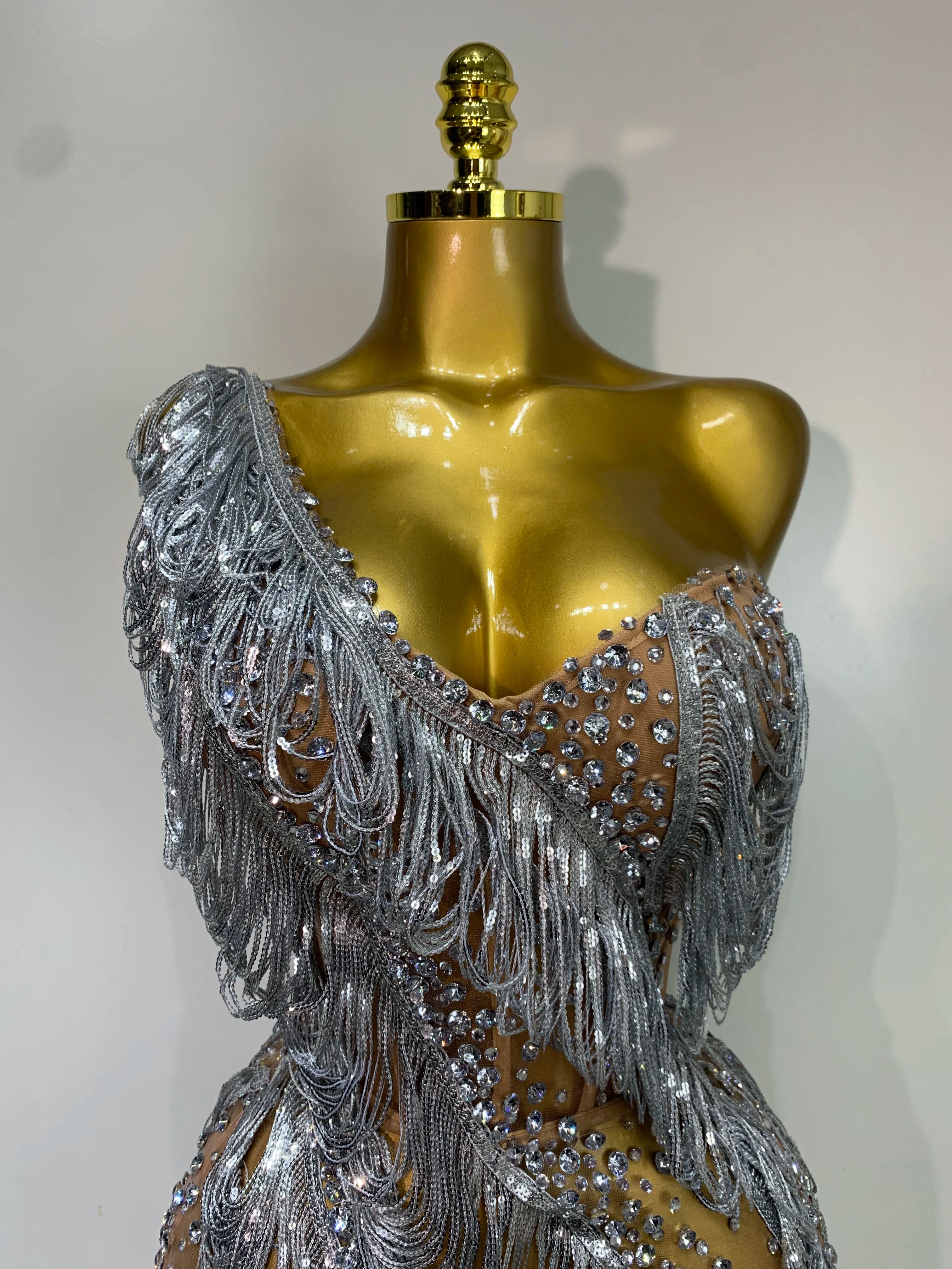 Sparkly Rhinestone Tassel Mesh Dress Nightclub Dance Stage Performance Costume Evening Party One shoulder Nigtclub Mini Dress