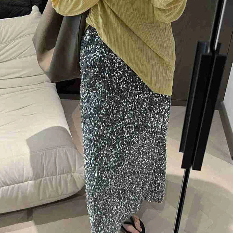 HOUZHOU Long Sequin Skirt Women Autumn Korean Elastic Waist Elegant Back Split Slim A-line Skirt with paillettes Evening Party Silver