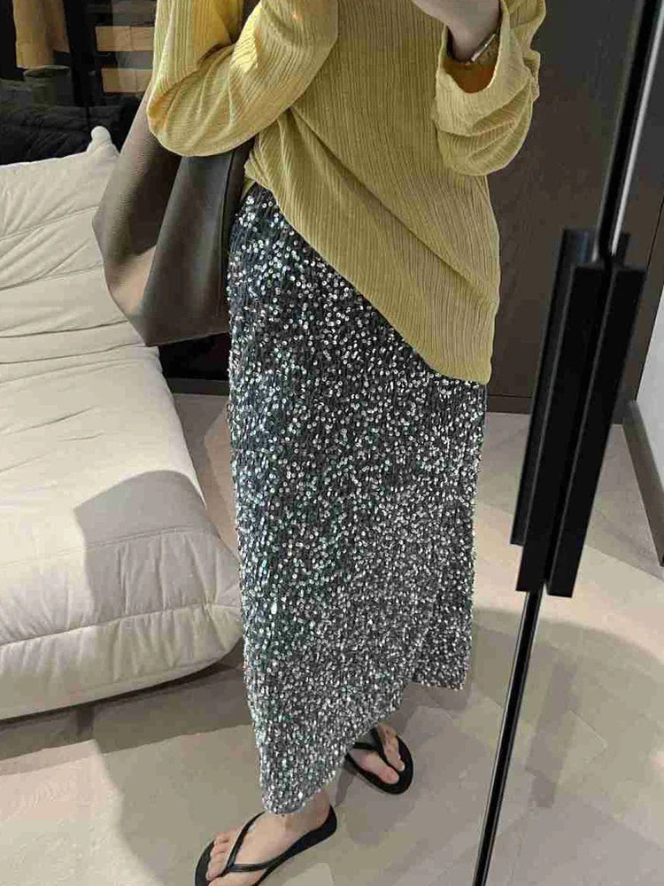 HOUZHOU Long Sequin Skirt Women Autumn Korean Elastic Waist Elegant Back Split Slim A-line Skirt with paillettes Evening Party Silver