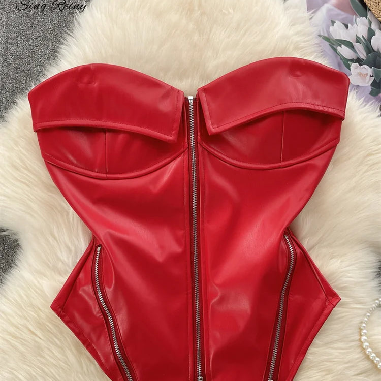 SINGREINY Strapless PU Leather Short Tank Top Fashion Zipper Design Slim Chic Backless Camis Ladies Streetwear Club Sexy Top red One Size