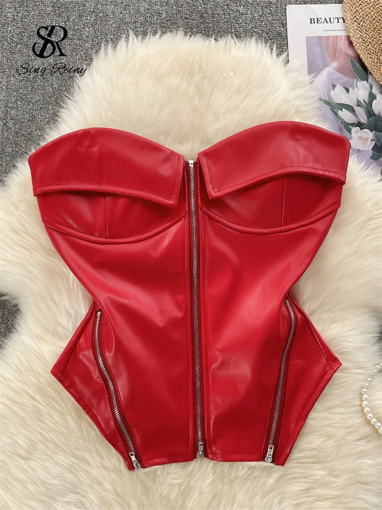 SINGREINY Strapless PU Leather Short Tank Top Fashion Zipper Design Slim Chic Backless Camis Ladies Streetwear Club Sexy Top red One Size