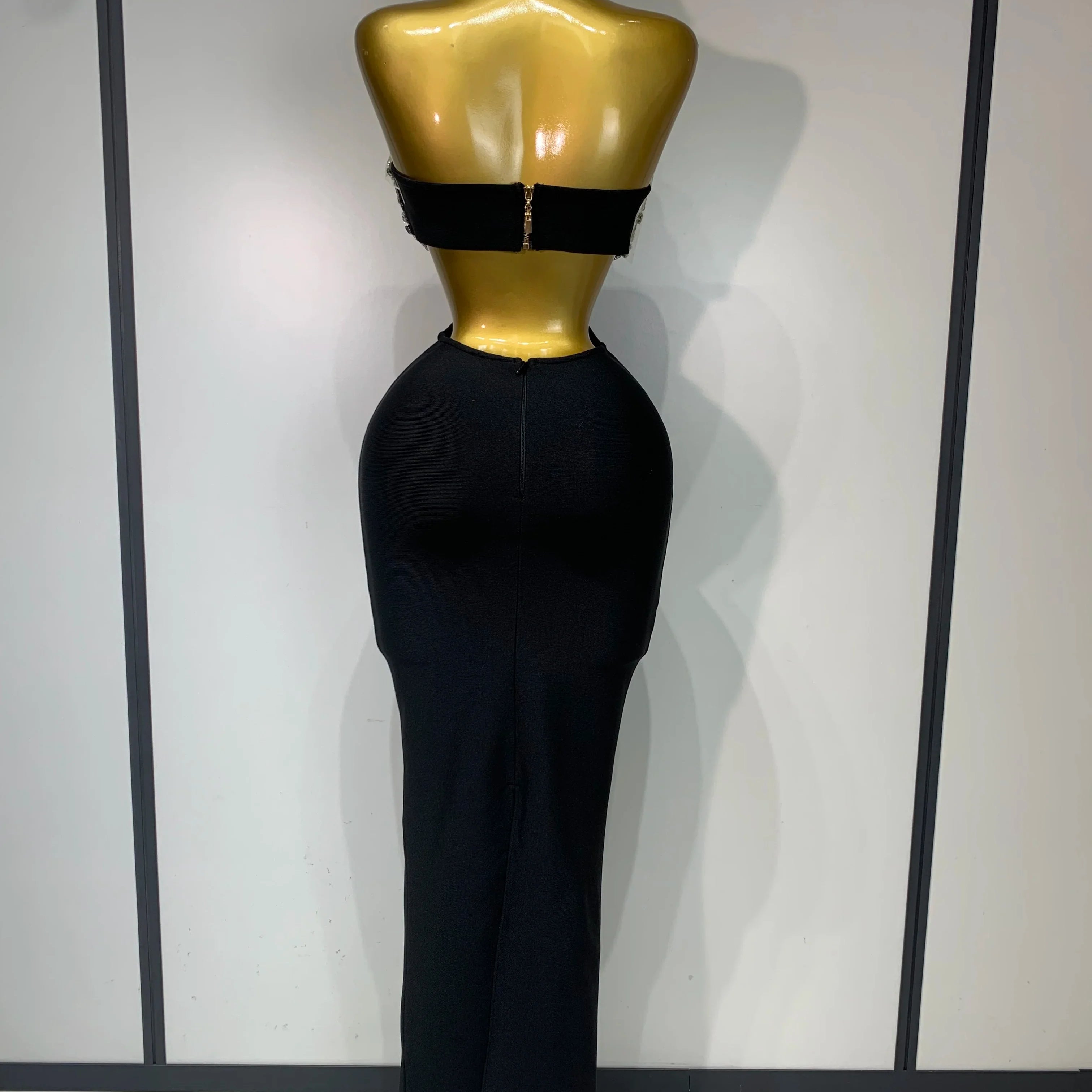 Women Sexy Backless Sparkly Crystal Diamonds Black Bodycon Bandage Dress Celebrity Elegant Evening Club Party Birthday Dresses