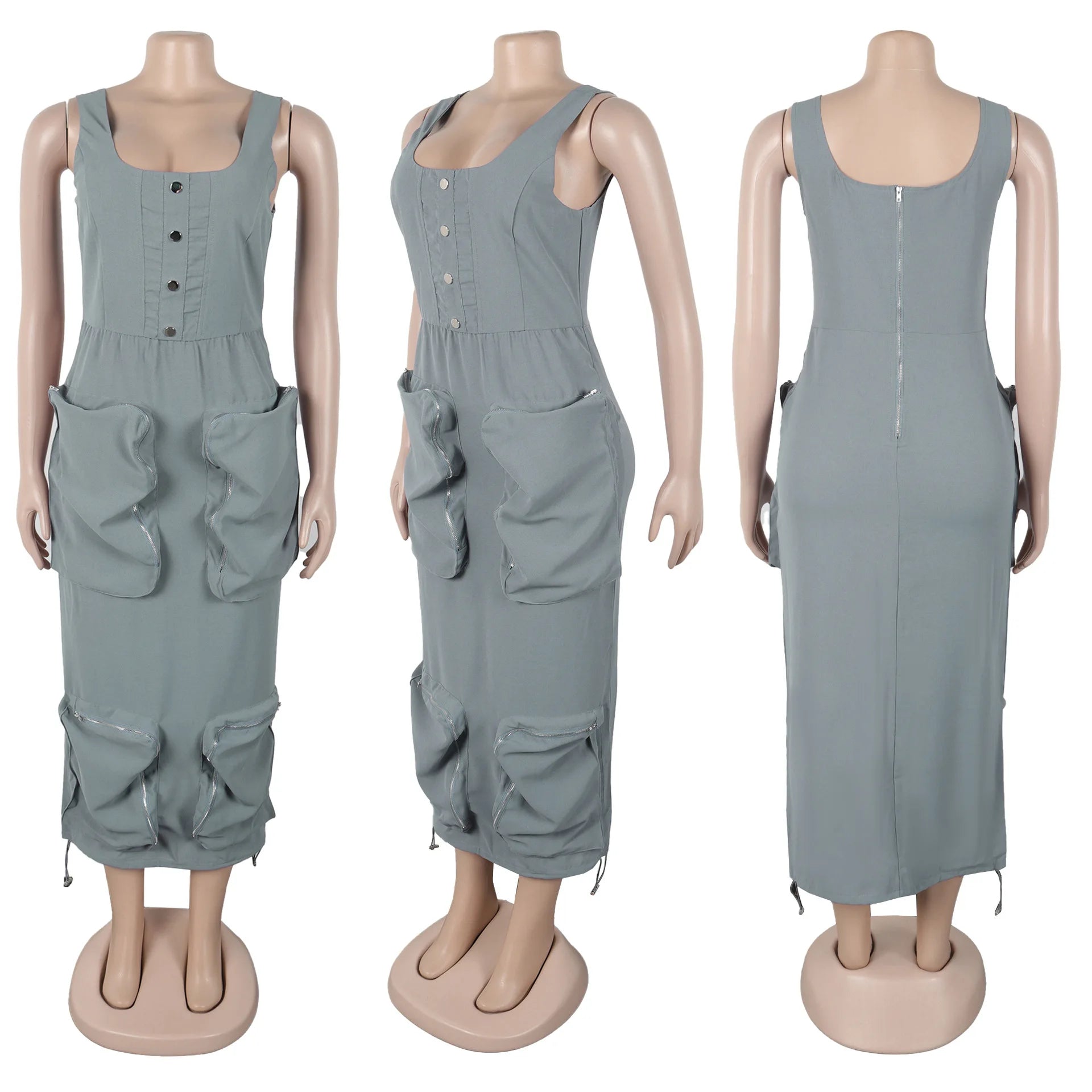 CM.YAYA 2025 Summer O-neck Mult Pockets Cargo Midi Long Dress Women Sleeveless Casual Bodycon Night Club Party Dresses Vestidos