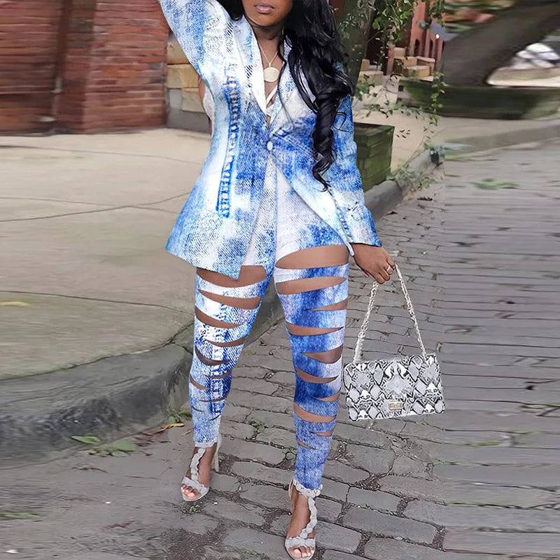 Plus Size Women Two Piece Set Turn Down Collar Vintage Print Autumn Long Sleeve Jacket Blazer Slim Hollow Out Pants Suit 2022